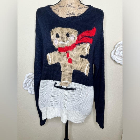 NTM Jolt Navy & Cream Gingerbread Man Ice Skating  Sweater Size Extra Large - Picture 4 of 14